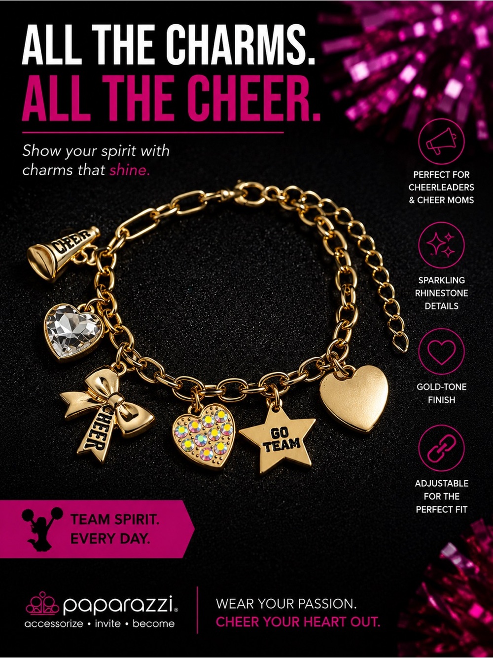 paparazzi Gold-Tone Cheer Charm Bracelet with Rhinestone Heart